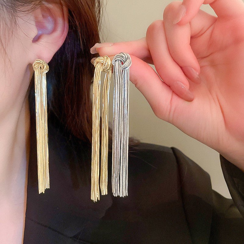 Silver Post Knotted Long Chain Tassel Earrings-Jewearrings