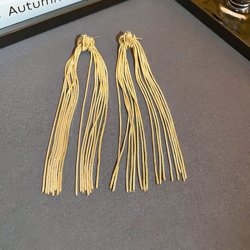 Silver Post Knotted Long Chain Tassel Earrings-Jewearrings