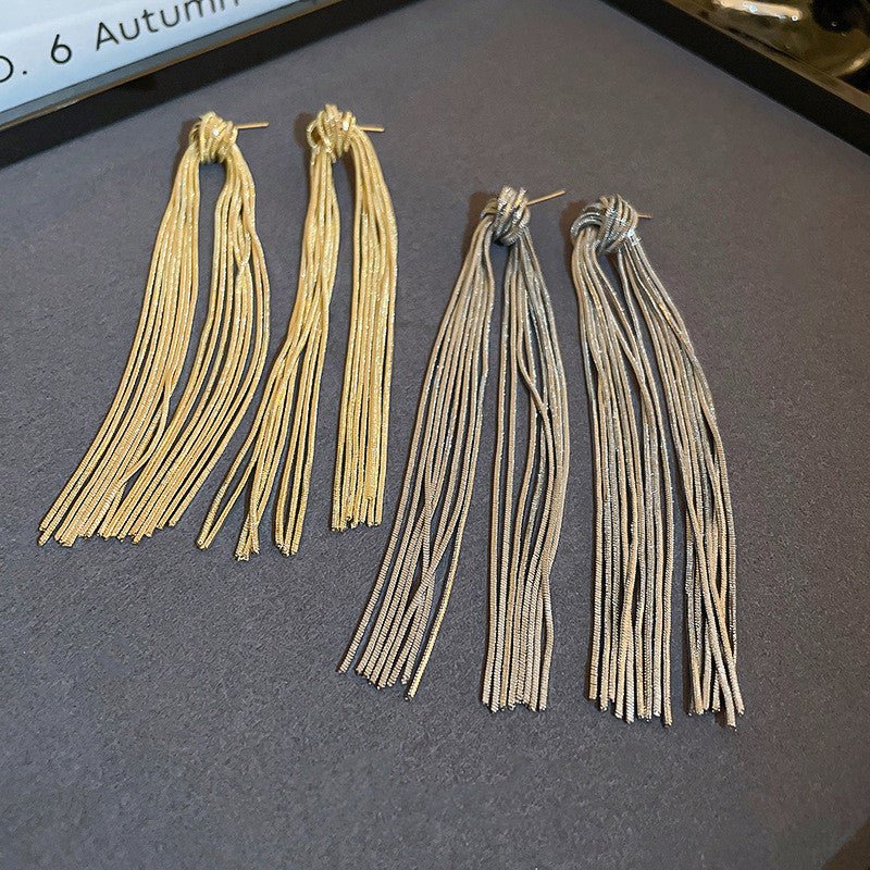 Silver Post Knotted Long Chain Tassel Earrings-Jewearrings