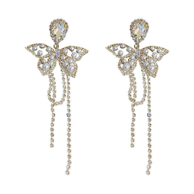 Silver Post Pearl Diamond Drop Butterfly Earrings-Jewearrings