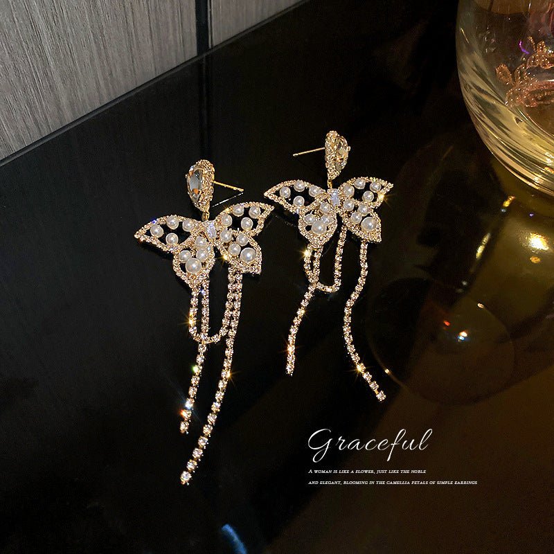 Silver Post Pearl Diamond Drop Butterfly Earrings-Jewearrings