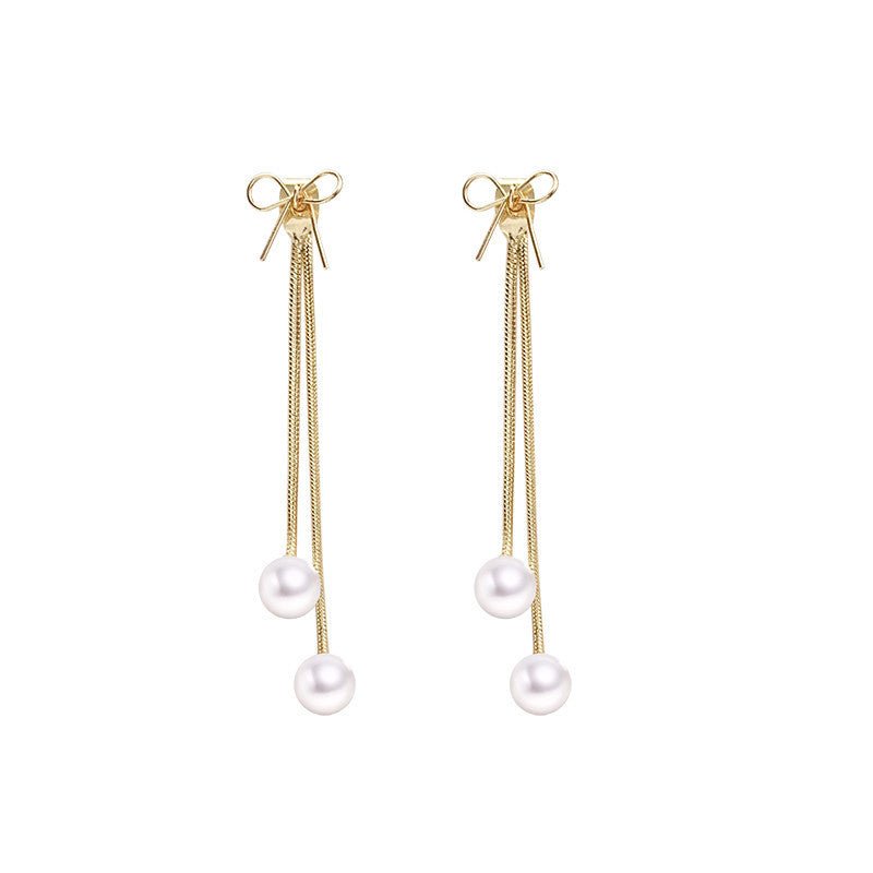 Silver Post Pearl Tassel Earrings Long Fashion Bow Stud Earrings-Jewearrings