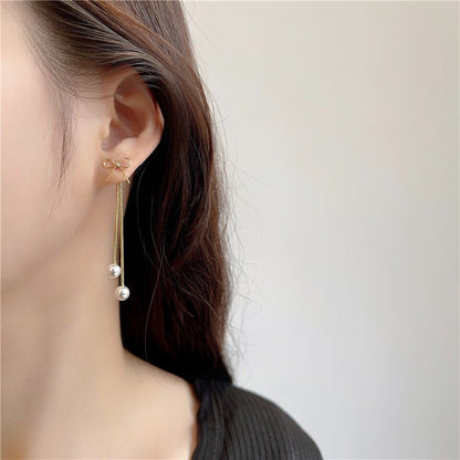 Silver Post Pearl Tassel Earrings Long Fashion Bow Stud Earrings-Jewearrings