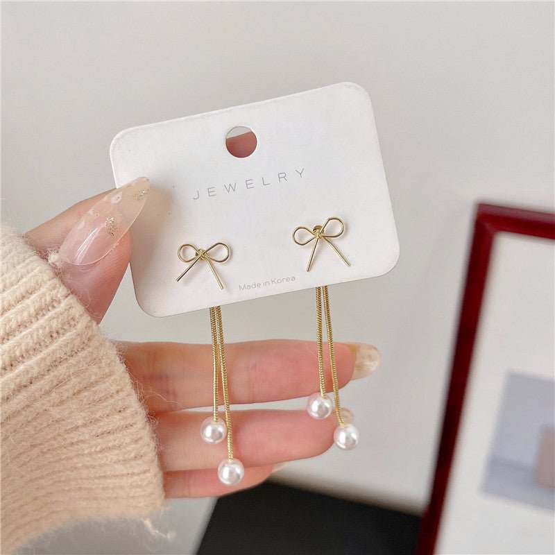 Silver Post Pearl Tassel Earrings Long Fashion Bow Stud Earrings-Jewearrings