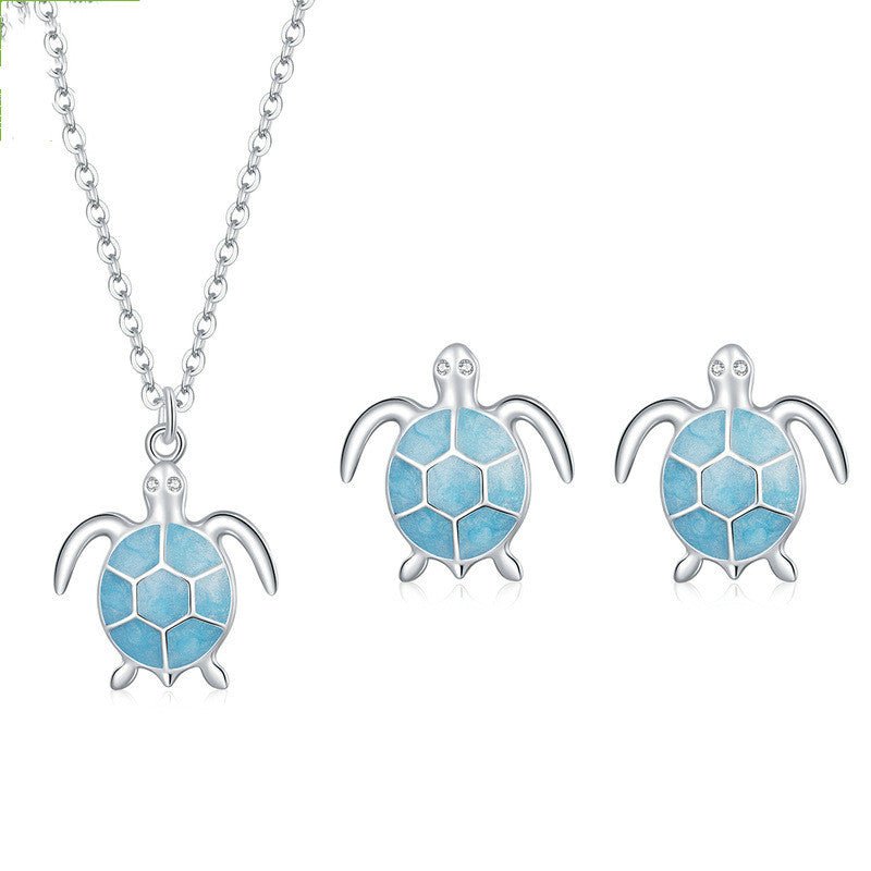 Silvery Blue Turtle 925 Silver Earrings Necklace Set Creative Cute Animal Turtle Jewelry-Jewearrings