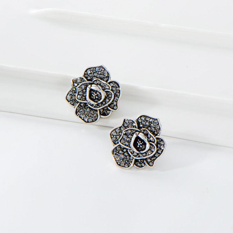 Simple Alloy Diamond Retro Rose Stud Earrings-Jewearrings