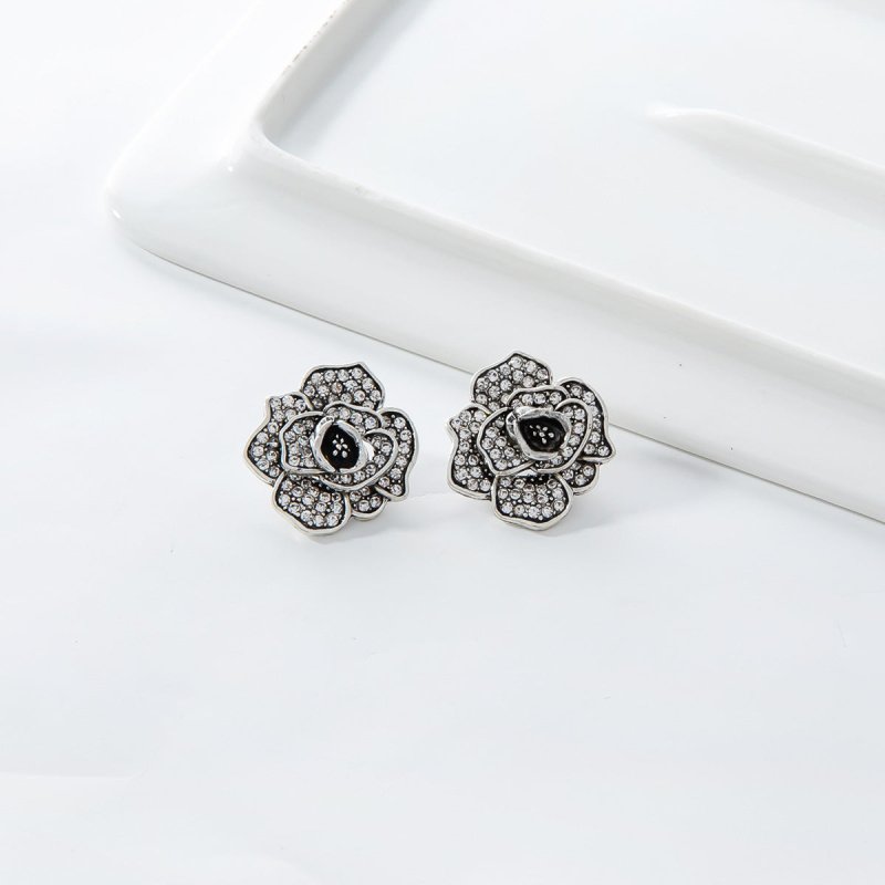 Simple Alloy Diamond Retro Rose Stud Earrings-Jewearrings