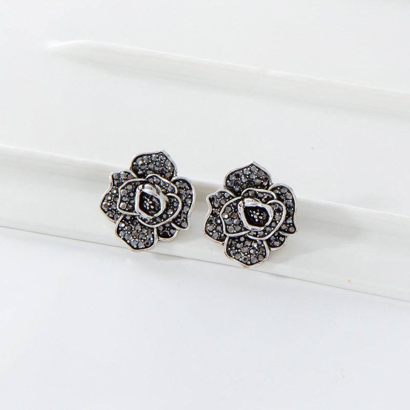 Simple Alloy Diamond Retro Rose Stud Earrings-Jewearrings