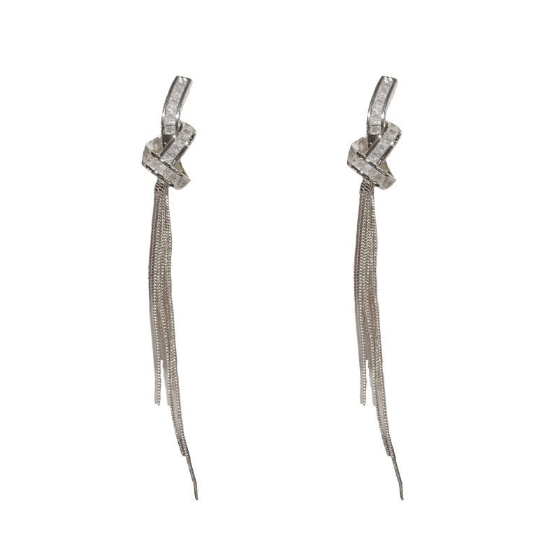 Simple Delicate Super Shining Zircon Knot Long Fringe Earrings Sterling Silver Needle Design Sense-Jewearrings