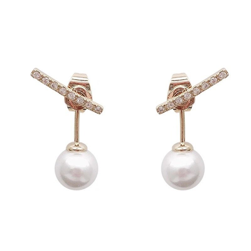 Simple Diamond-studded Long And Short Stick Pearl Earrings-Jewearrings