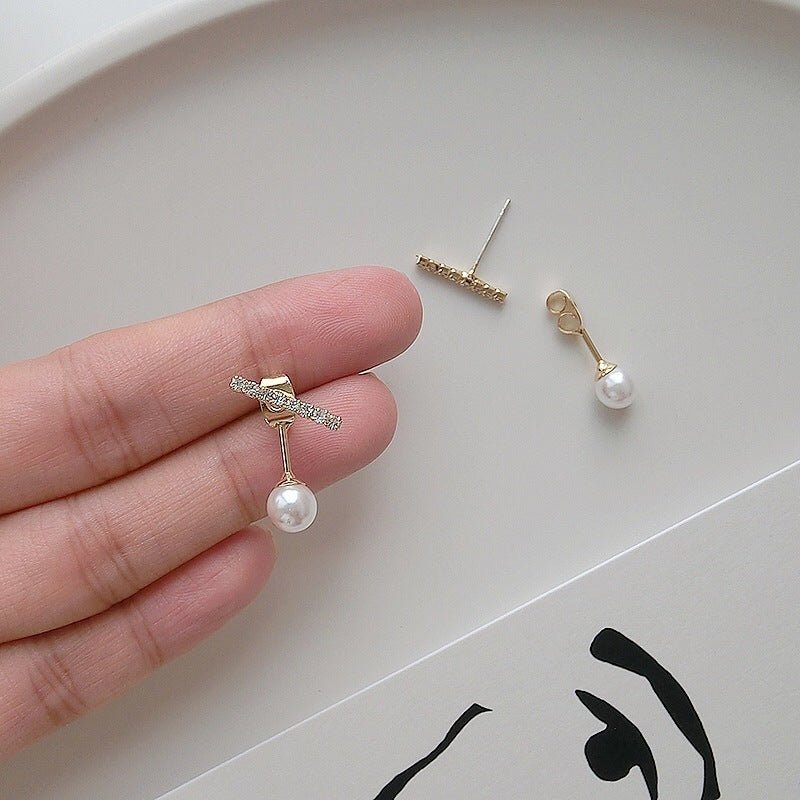 Simple Diamond-studded Long And Short Stick Pearl Earrings-Jewearrings