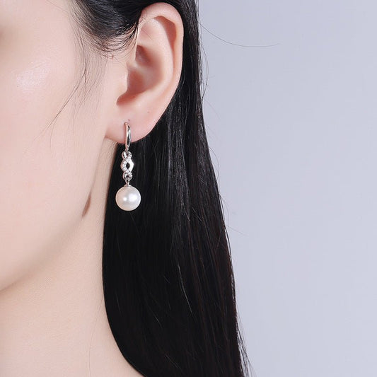 Simple Long Perfect Circle Pearl Earrings Women's S925 Sterling Silver Zircon-Jewearrings