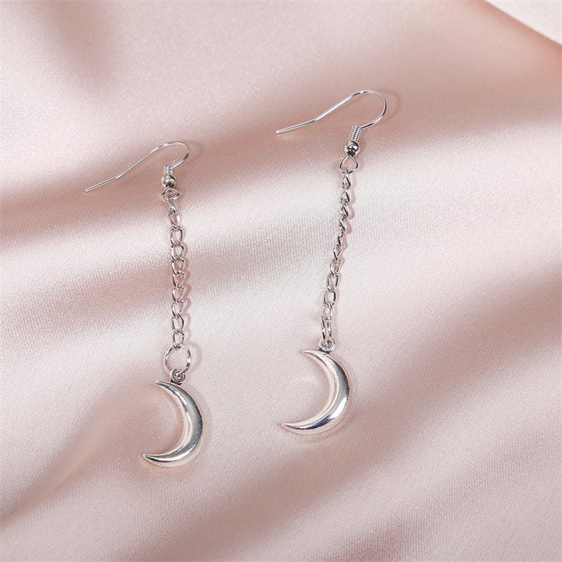 Simple Long Silver Chain Moon Earrings-Jewearrings