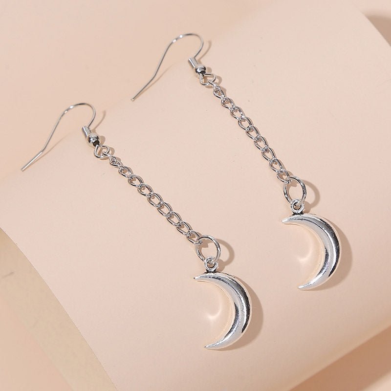 Simple Long Silver Chain Moon Earrings-Jewearrings