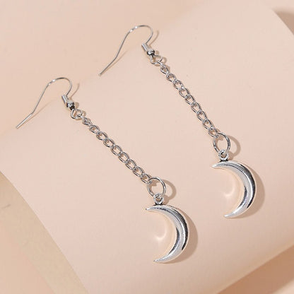 Simple Long Silver Chain Moon Earrings-Jewearrings