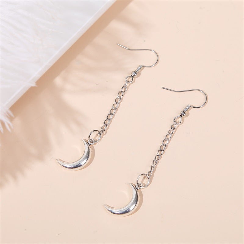 Simple Long Silver Chain Moon Earrings-Jewearrings