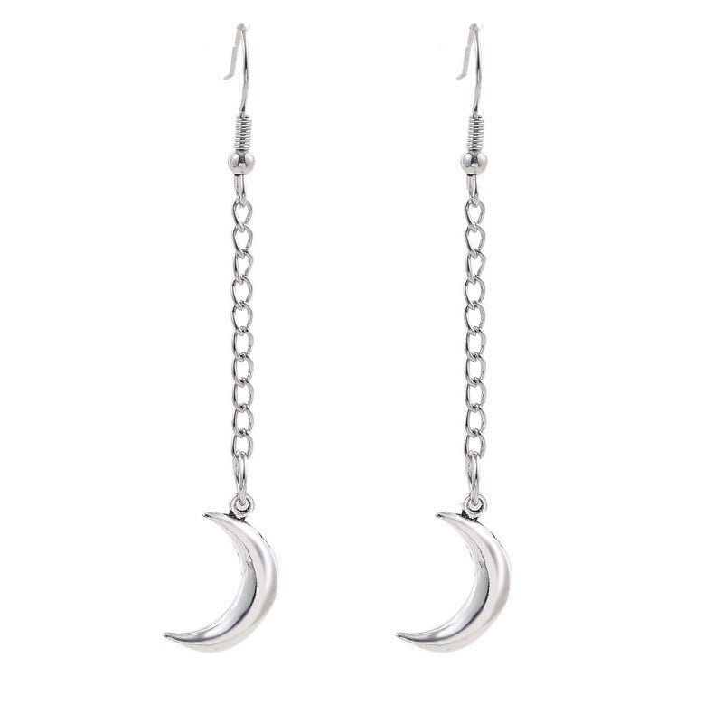 Simple Long Silver Chain Moon Earrings-Jewearrings