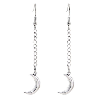 Simple Long Silver Chain Moon Earrings-Jewearrings