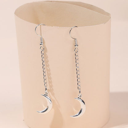 Simple Long Silver Chain Moon Earrings-Jewearrings