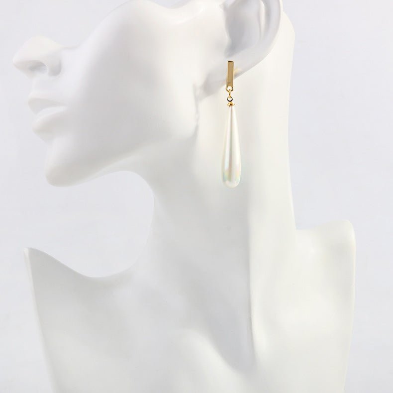 Simple Long Water Drop Sterling Silver Needle Large Pearl Earrings-Jewearrings