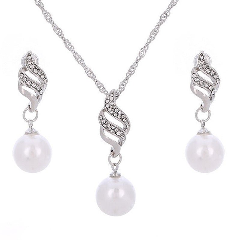 Simple Pearl Diamond Hemp Flowers Chain Earrings Necklace Jewelry Set-Jewearrings