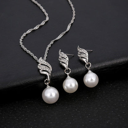 Simple Pearl Diamond Hemp Flowers Chain Earrings Necklace Jewelry Set-Jewearrings