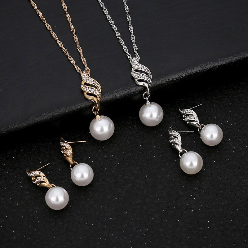 Simple Pearl Diamond Hemp Flowers Chain Earrings Necklace Jewelry Set-Jewearrings