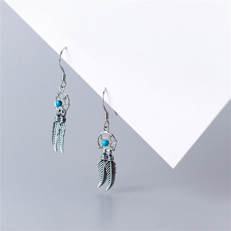 Simple Retro Hollow Blue Beads Dream Catcher Tassel Earrings Earrings-Jewearrings