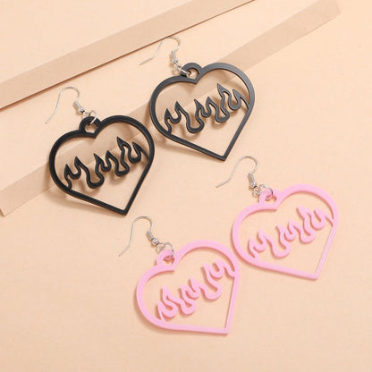 simple style two-tone acrylic black pink hollow heart sparkle flame earrings-Jewearrings