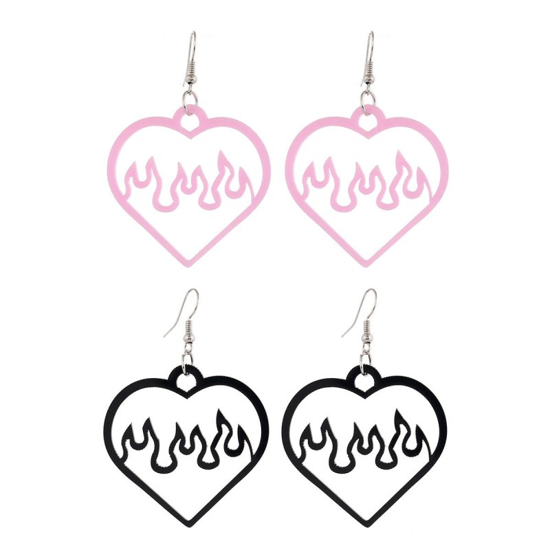 simple style two-tone acrylic black pink hollow heart sparkle flame earrings-Jewearrings