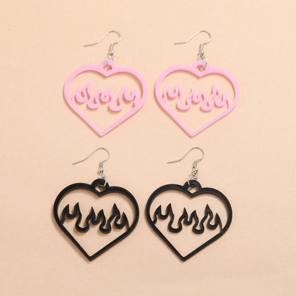 simple style two-tone acrylic black pink hollow heart sparkle flame earrings-Jewearrings