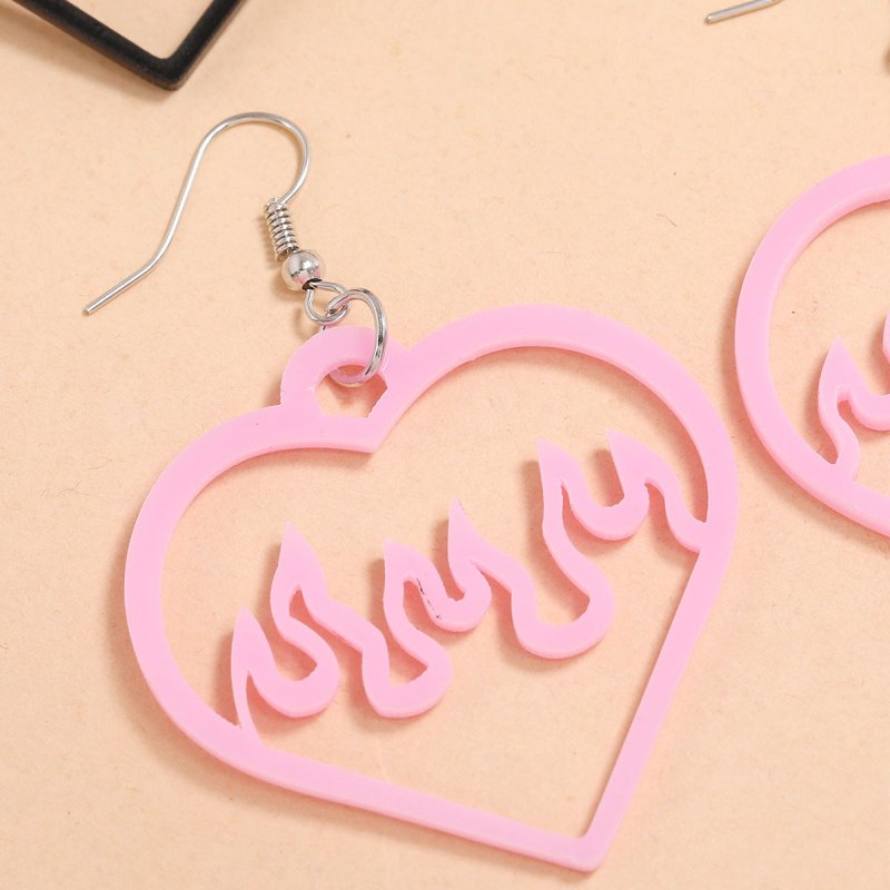 simple style two-tone acrylic black pink hollow heart sparkle flame earrings-Jewearrings