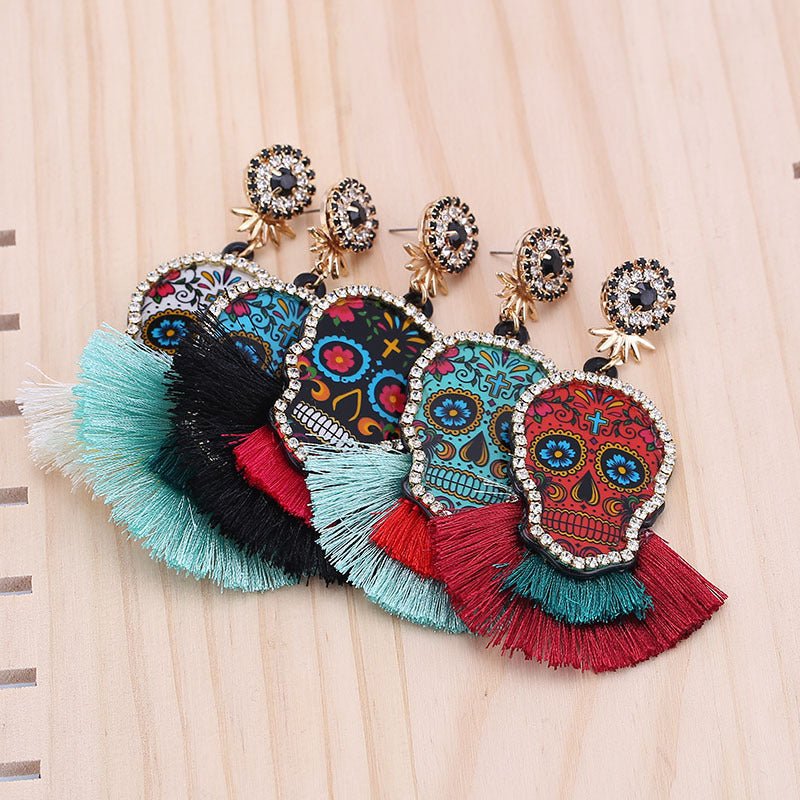 Skull Earrings Diamond Tassel Long-Jewearrings