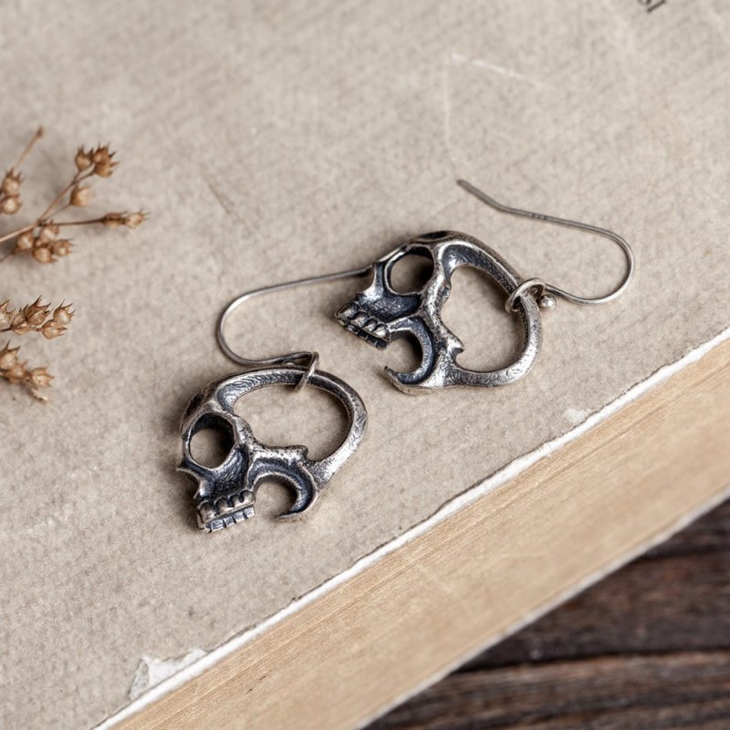 Skull Earrings S925 Silver Gothic Headwear-Jewearrings