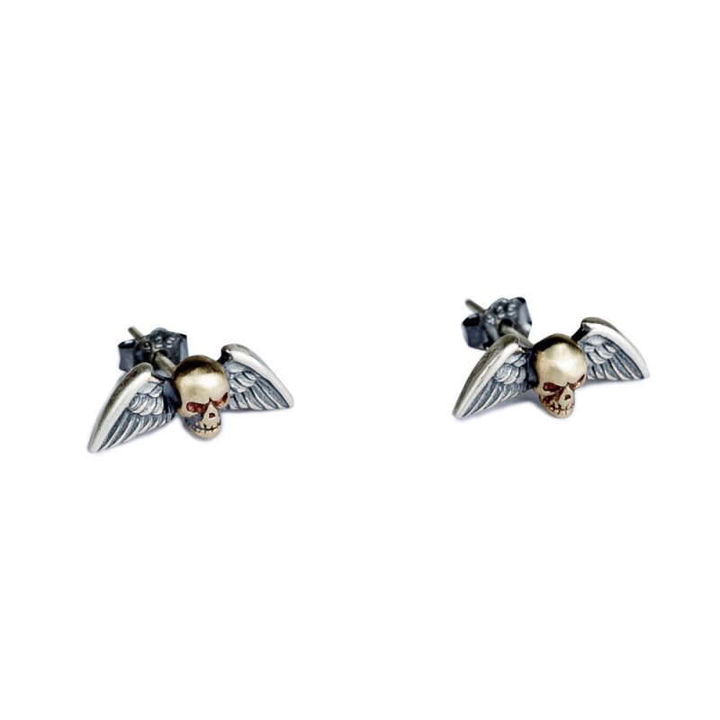 Skull Earrings S925 Sterling Silver Retro Wings Studs-Jewearrings