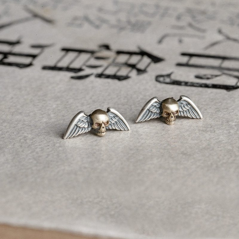 Skull Earrings S925 Sterling Silver Retro Wings Studs-Jewearrings