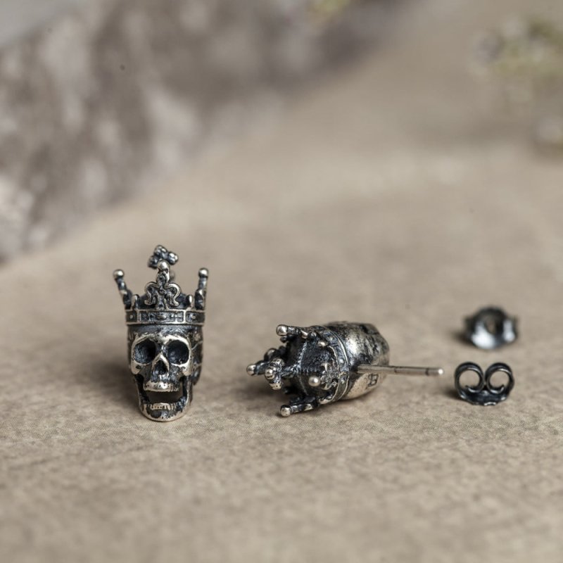 Skull Earrings Silver King Crown Vintage-Jewearrings