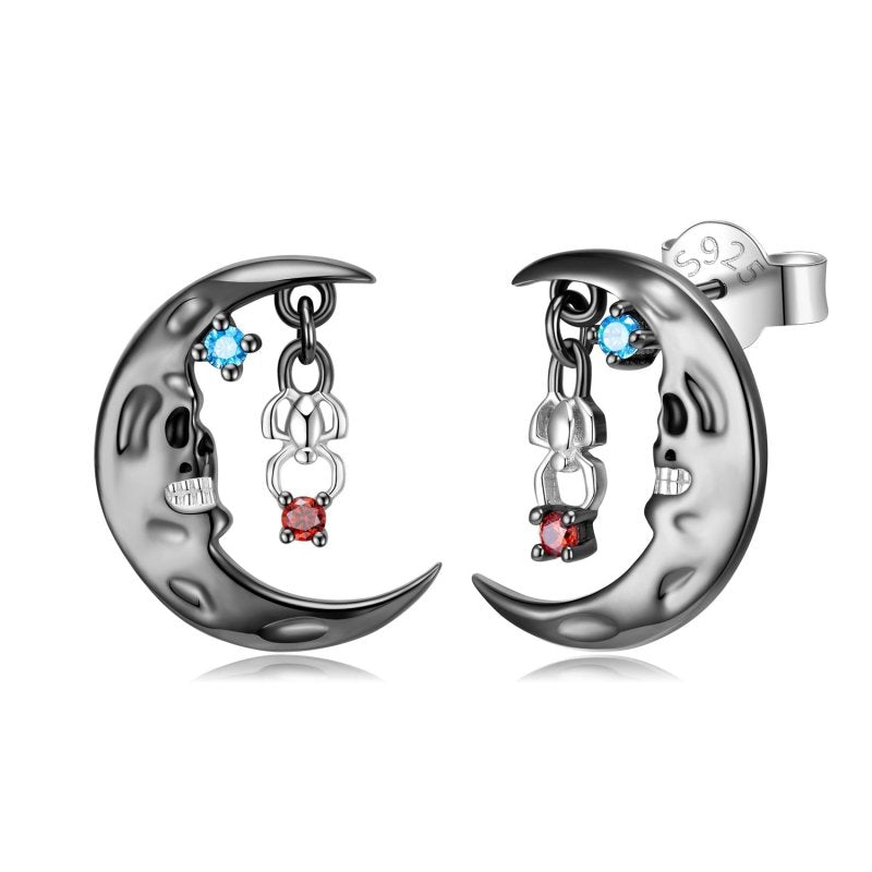 Skull Earrings Spider Moon Silver-Jewearrings