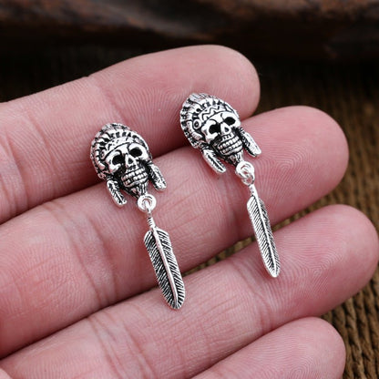 Skull Earrings Thai Silver Feather-Jewearrings