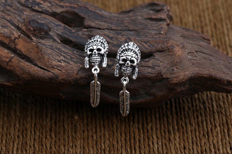 Skull Earrings Thai Silver Feather-Jewearrings