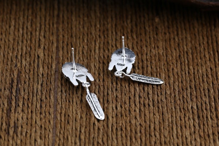 Skull Earrings Thai Silver Feather-Jewearrings