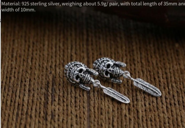 Skull Earrings Thai Silver Feather-Jewearrings