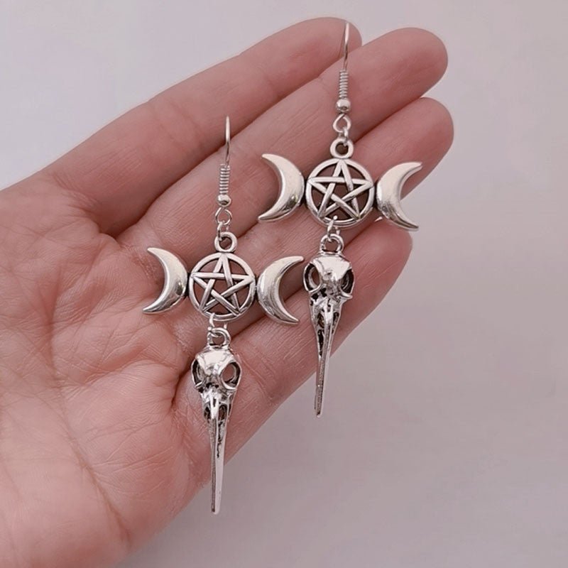 Skull Earrings Triple Moon Pentagram Crow Head-Jewearrings