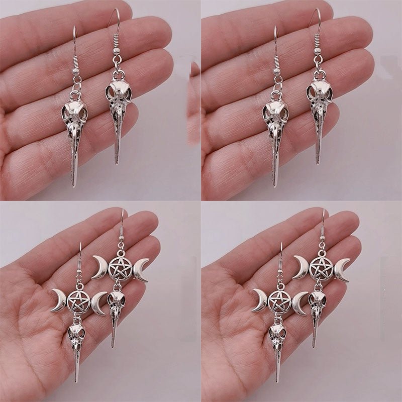 Skull Earrings Triple Moon Pentagram Crow Head-Jewearrings