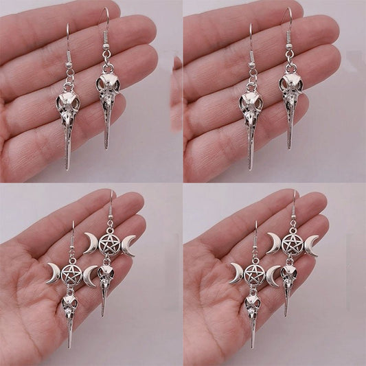 Skull Earrings Triple Moon Pentagram Crow Head-Jewearrings