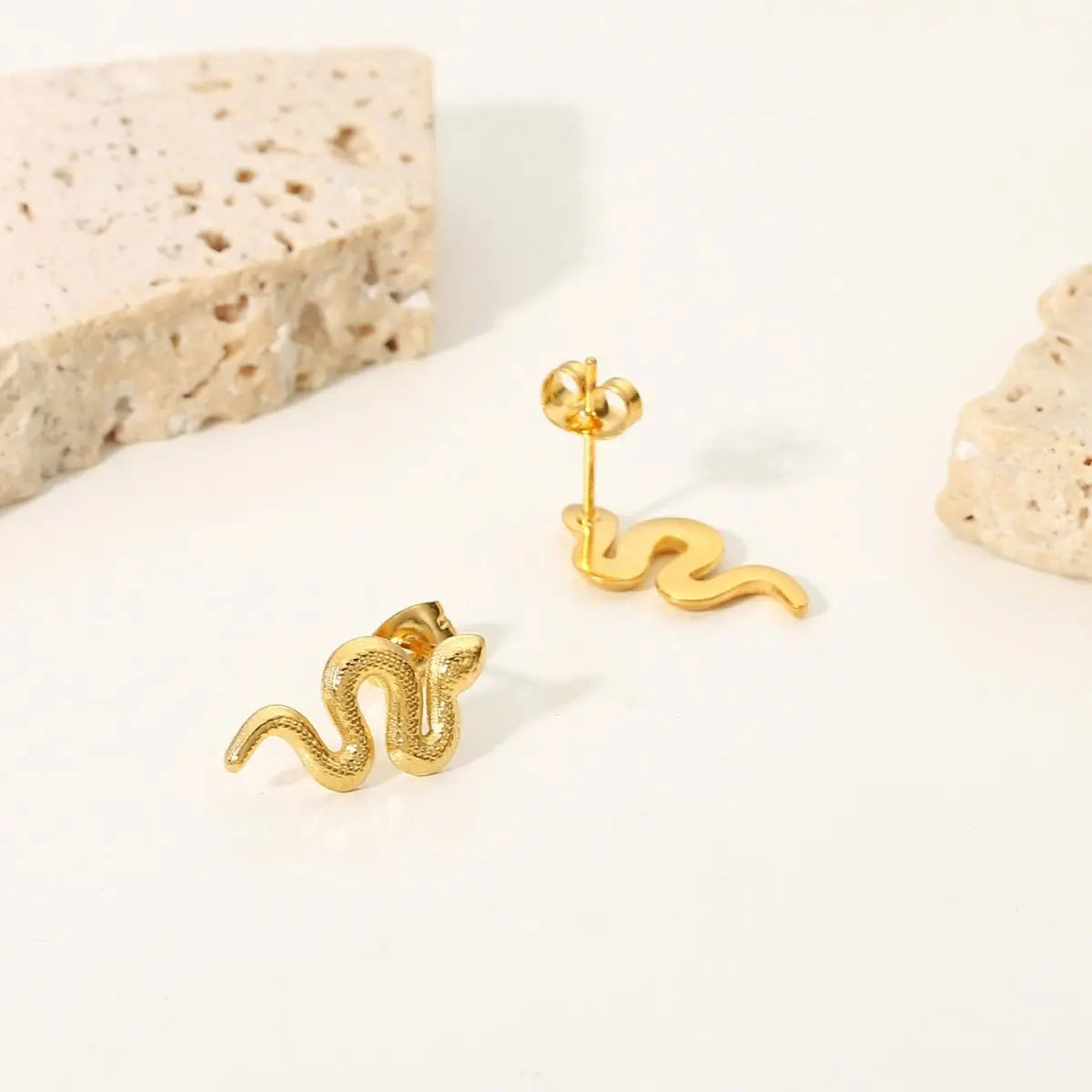 Snake Earrings: Gold Plated Stainless Steel Studs-Jewearrings