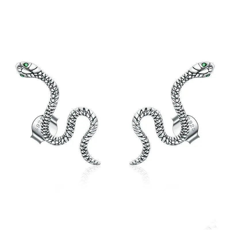 Snake Silver Stud Earrings Green Ghost Crystal-Jewearrings