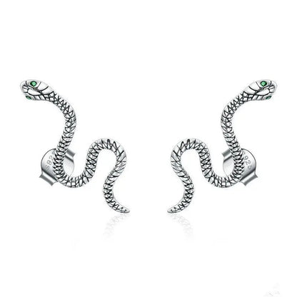 Snake Silver Stud Earrings Green Ghost Crystal-Jewearrings