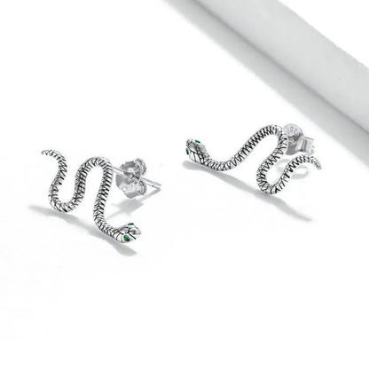 Snake Silver Stud Earrings Green Ghost Crystal-Jewearrings