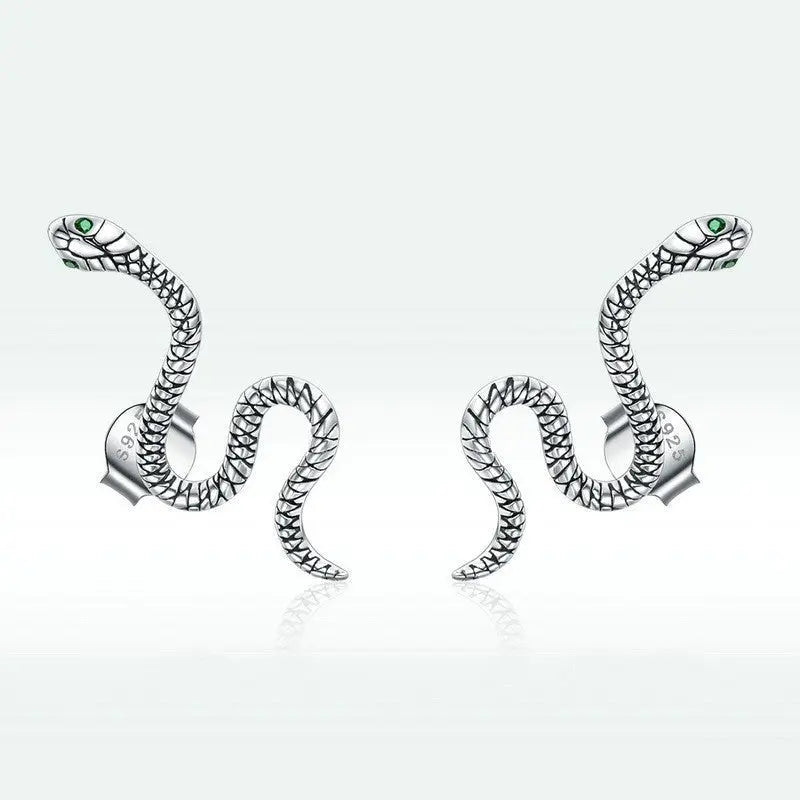 Snake Silver Stud Earrings Green Ghost Crystal-Jewearrings